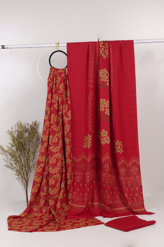 3Piece - Dhanak Lakhani Print  Suit Classic ( Red) BD