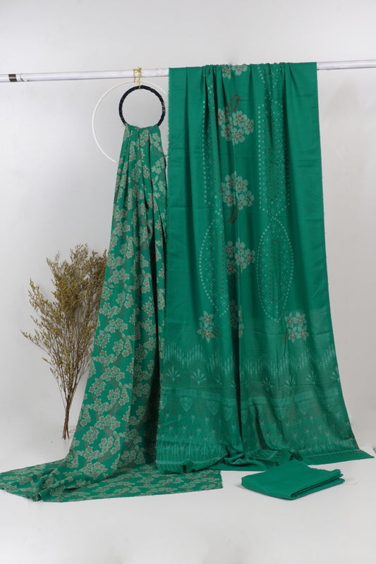 3Piece - Dhanak Lakhani Print  Suit Classic ( Sea green) BD