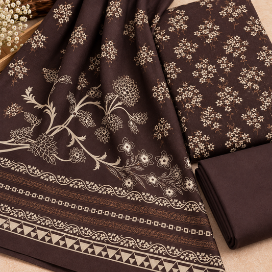 3Piece - Dhanak Lakhani Print Suit Classic ( Chocolate Brown )