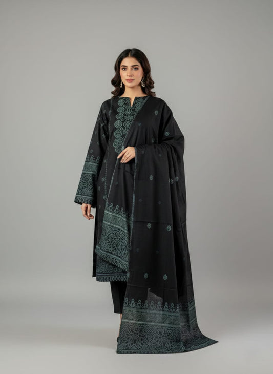 Lawn 3 piece with light weight Jacquard shawl Black.g