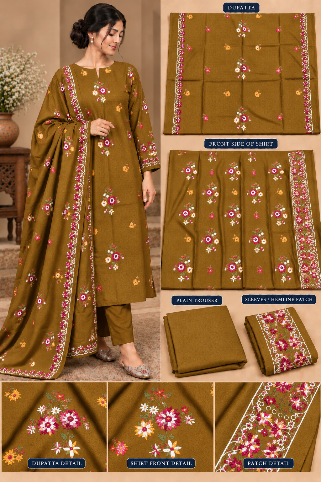 Premium Winter Dhanak Marina Embroidered 3 Piece Unstitched Suit – CAMEL BROWN (EMB02)