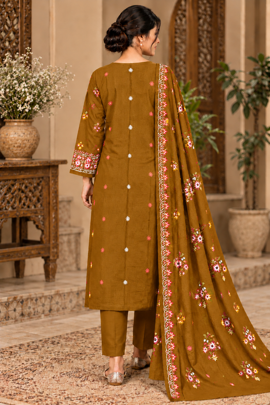 Premium Winter Dhanak Marina Embroidered 3 Piece Unstitched Suit – CAMEL BROWN (EMB02)