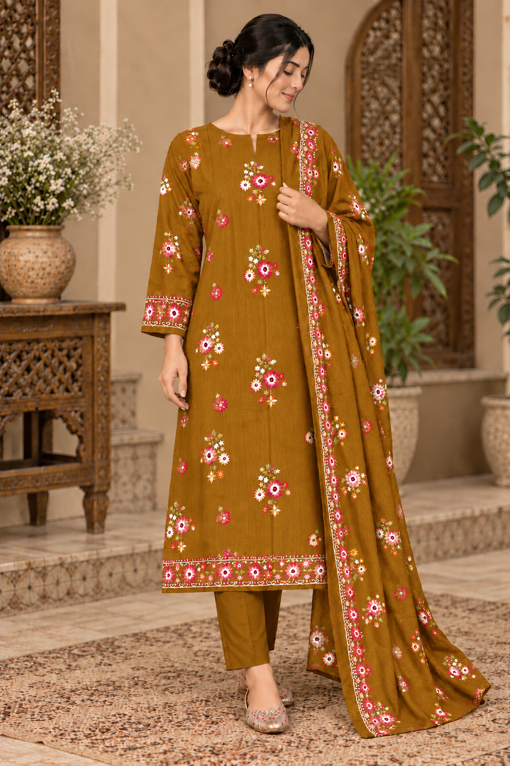 Premium Winter Dhanak Marina Embroidered 3 Piece Unstitched Suit – CAMEL BROWN (EMB02)