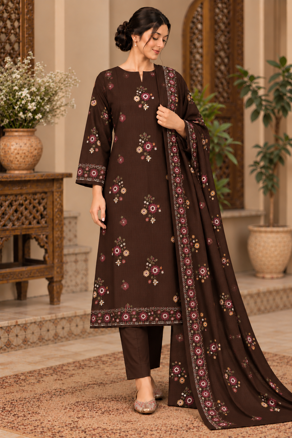 Premium Winter Dhanak Marina Embroidered 3 Piece Unstitched Suit –CHOCOLATE BROWN   (EMB03)