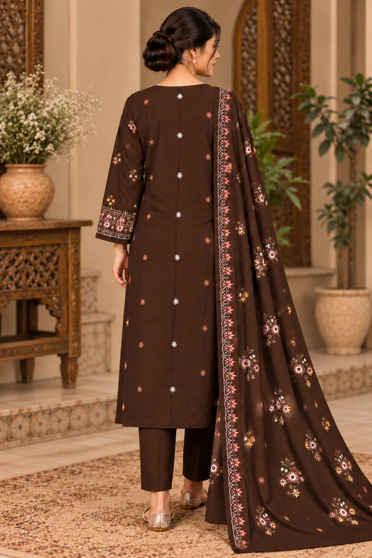Premium Winter Dhanak Marina Embroidered 3 Piece Unstitched Suit –CHOCOLATE BROWN   (EMB03)
