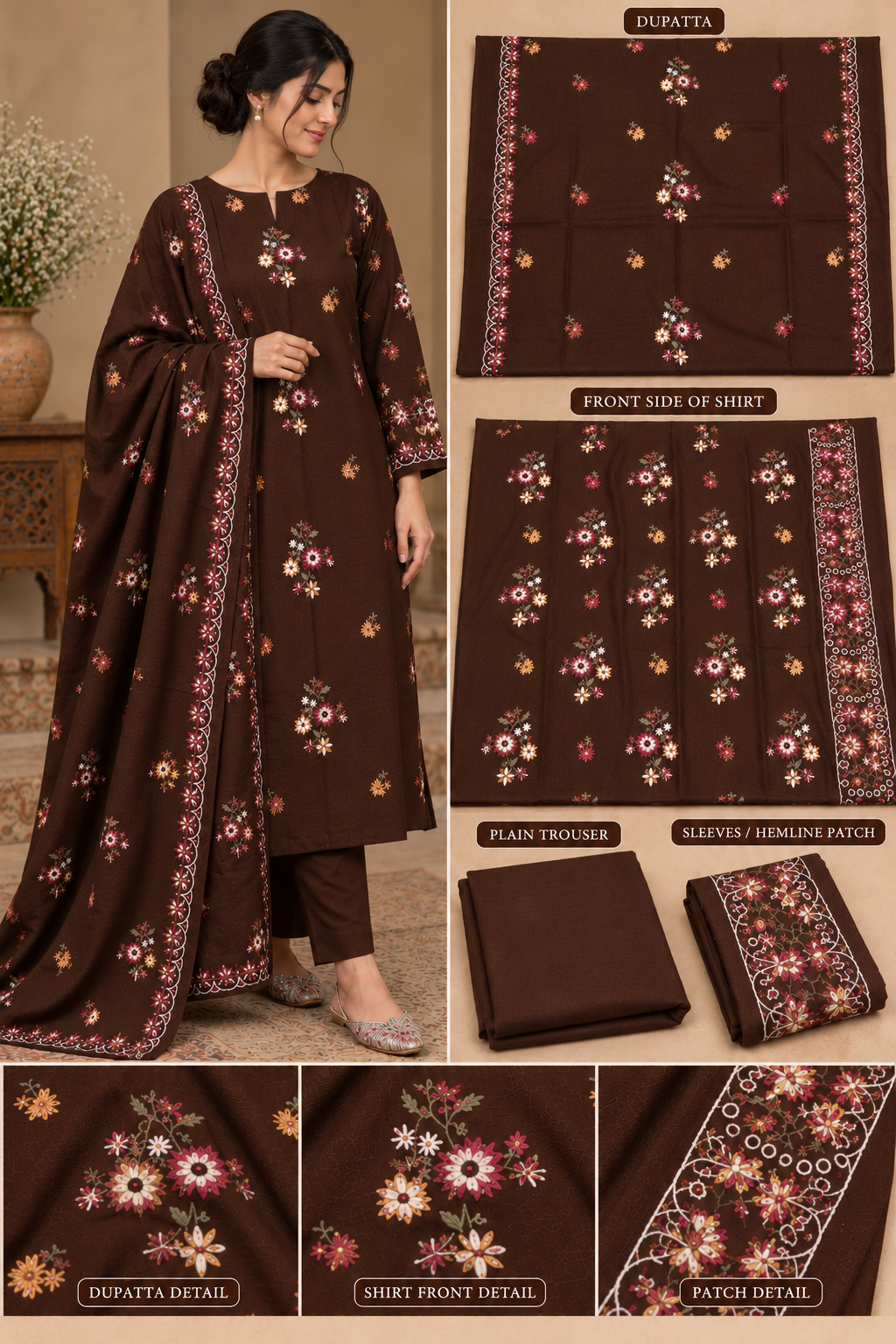 Premium Winter Dhanak Marina Embroidered 3 Piece Unstitched Suit –CHOCOLATE BROWN   (EMB03)
