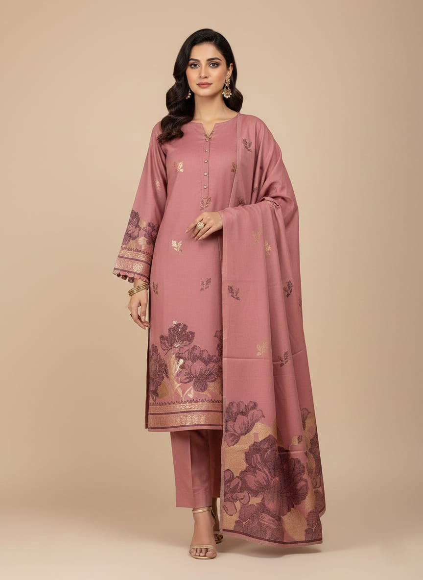 Lawn 3 piece with light weight Jacquard shawl  D.pink