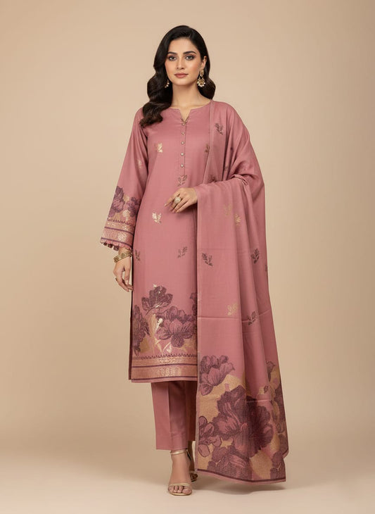 Lawn 3 piece with light weight Jacquard shawl  D.pink
