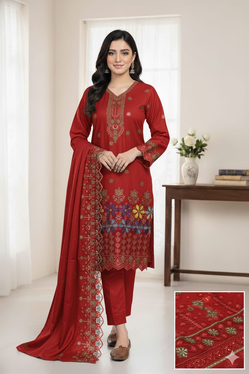 winter Embroided Damman  Booring 3 piece (Pure red )