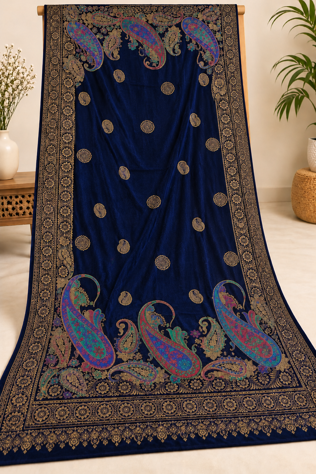 Premium Velvet Printed Shawl ( Dark Blue )