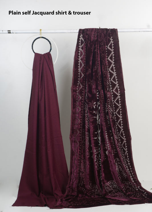3 piece winter Palachi Shawl with  Self Jacquard marian Shirt& trouser (Dark maroon)
