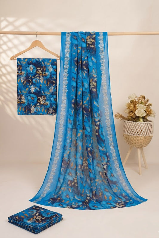 Embroided Printed lawn 3 piece  sky blue
