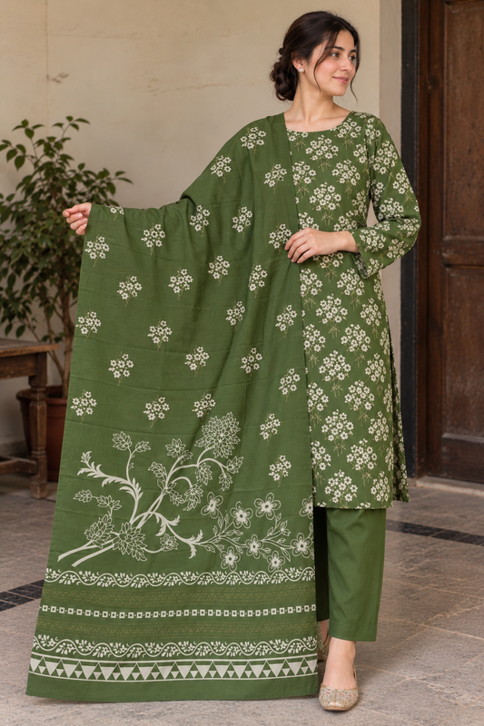 3Piece - Dhanak Lakhani Print  Suit Classic ( mehndi green )