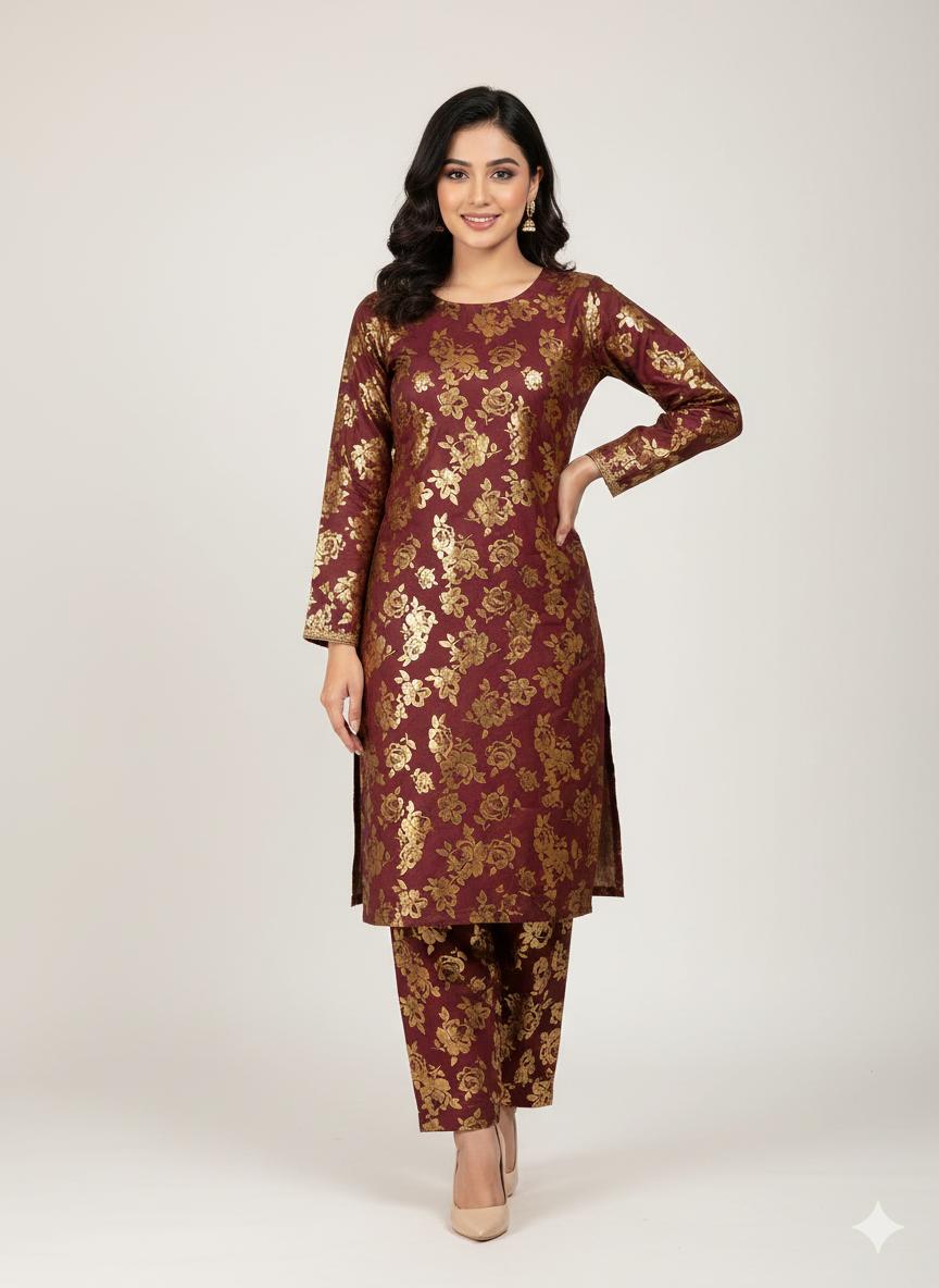 2 Piece Winter Gold glitter floral print ( Brown)