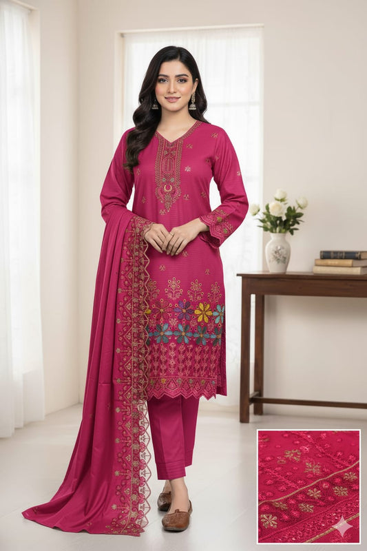 winter Embroided Damman  Booring 3 piece (Shooking pink)