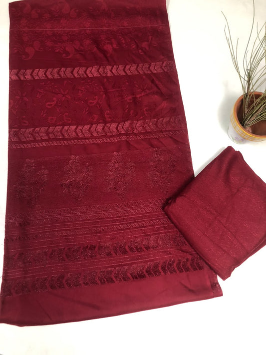 3PC MARINA VELVET SHAWL WITH ZARILINE SHIRT TROUSER (redish mahroon  )
