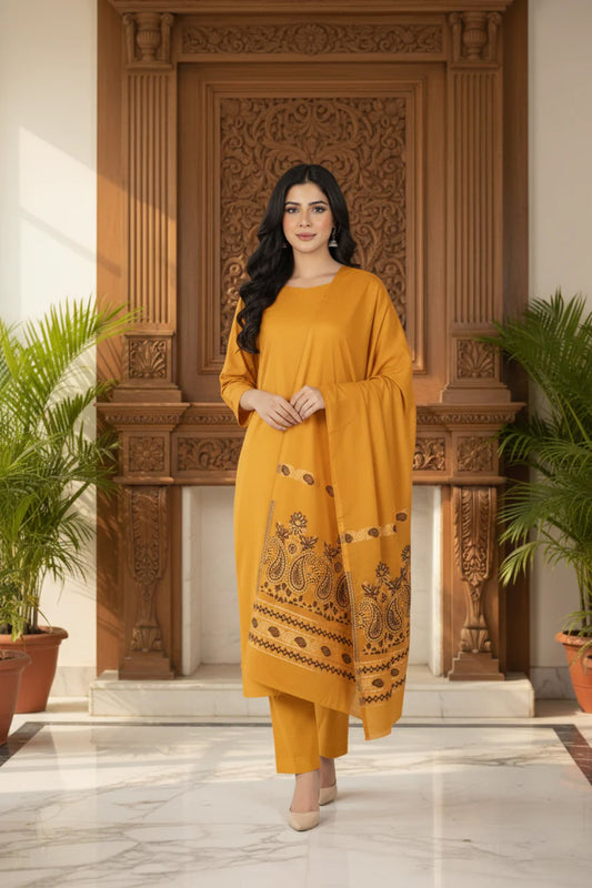 Lawn 3 piece with light weight Jacquard shawl mustard    BSLa1 musturd