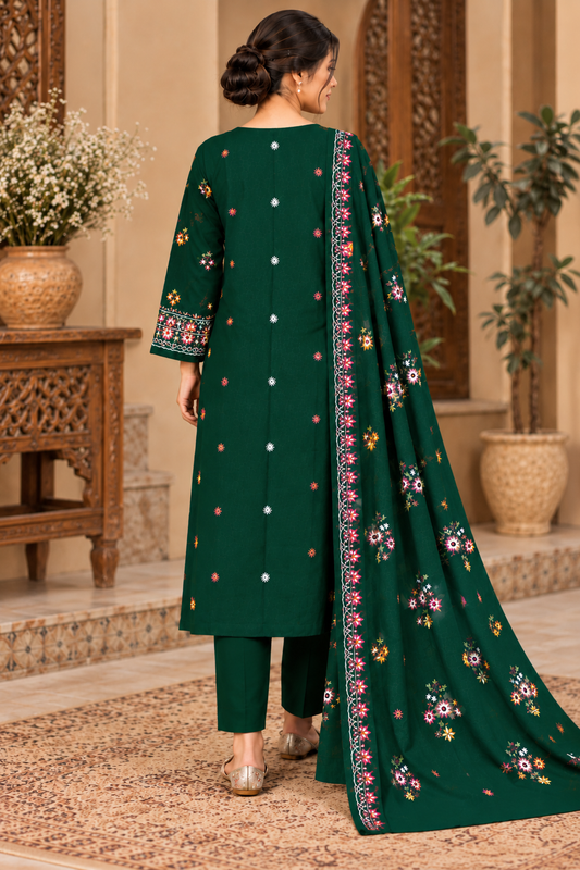 Premium Winter Dhanak Marina Embroidered 3 Piece Unstitched Suit –Green    (EMB04)