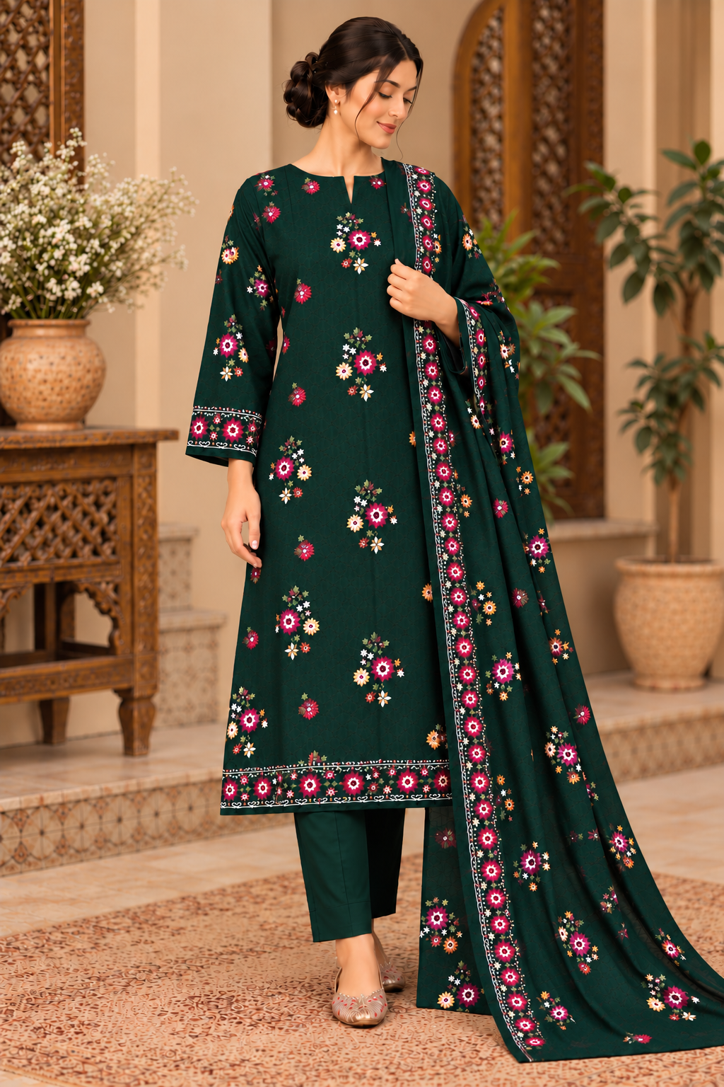 Premium Winter Dhanak Marina Embroidered 3 Piece Unstitched Suit –Green    (EMB04)