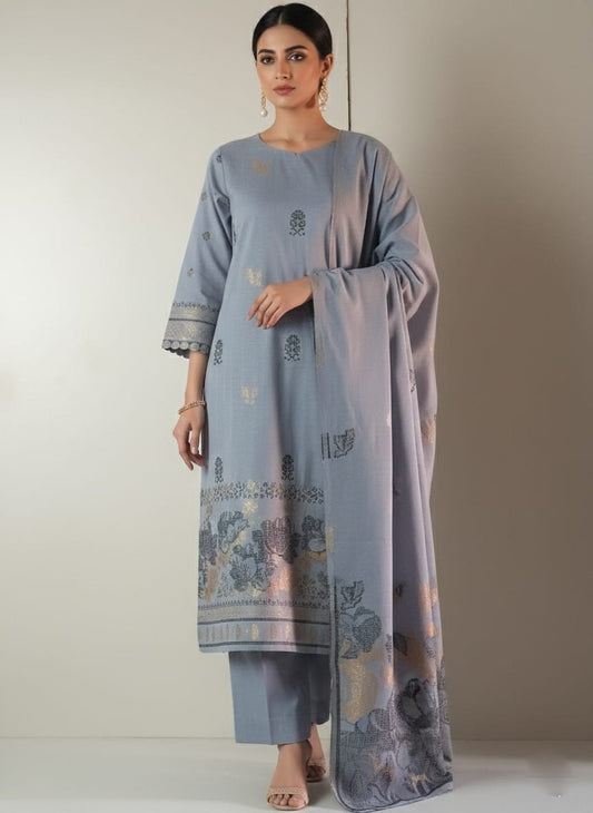 Lawn 3 piece with light weight Jacquard shawl  GREY