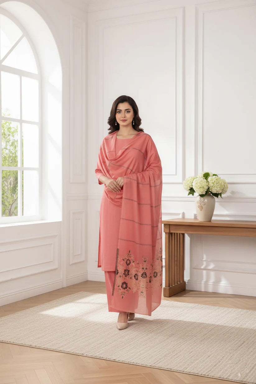 Lawn 3 piece with light weight Jacquard shawl    BSL25 pink2