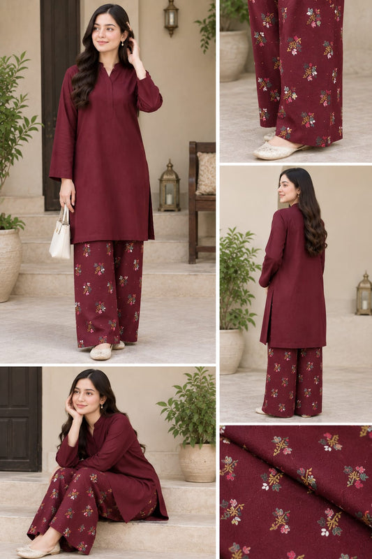 2 piece winter lakhani dhanak marina  plian shirt with printed trouser  ( MAHROON )