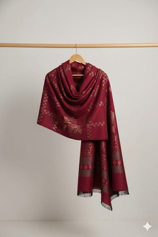 3 piece winter wool  jacquard    Shawl with   plain Marina   (mahroon)