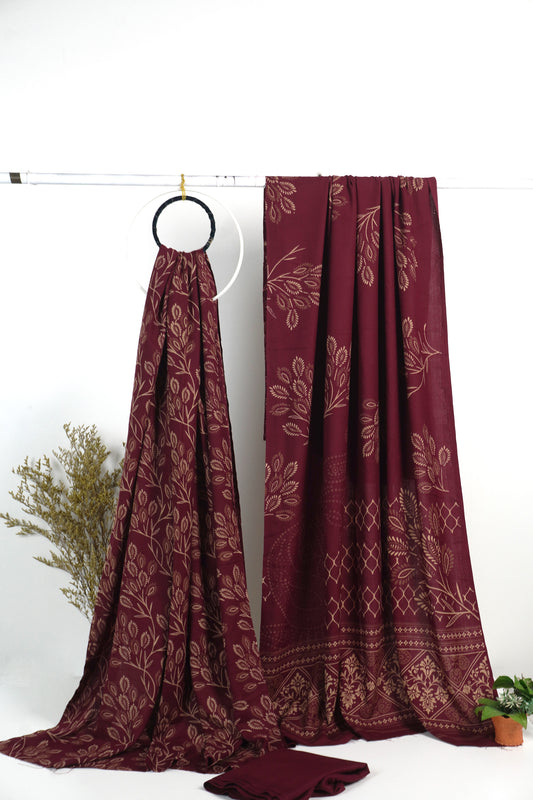 3Piece - Dhanak Lakhani Print  Suit Classic (Mahroon  )