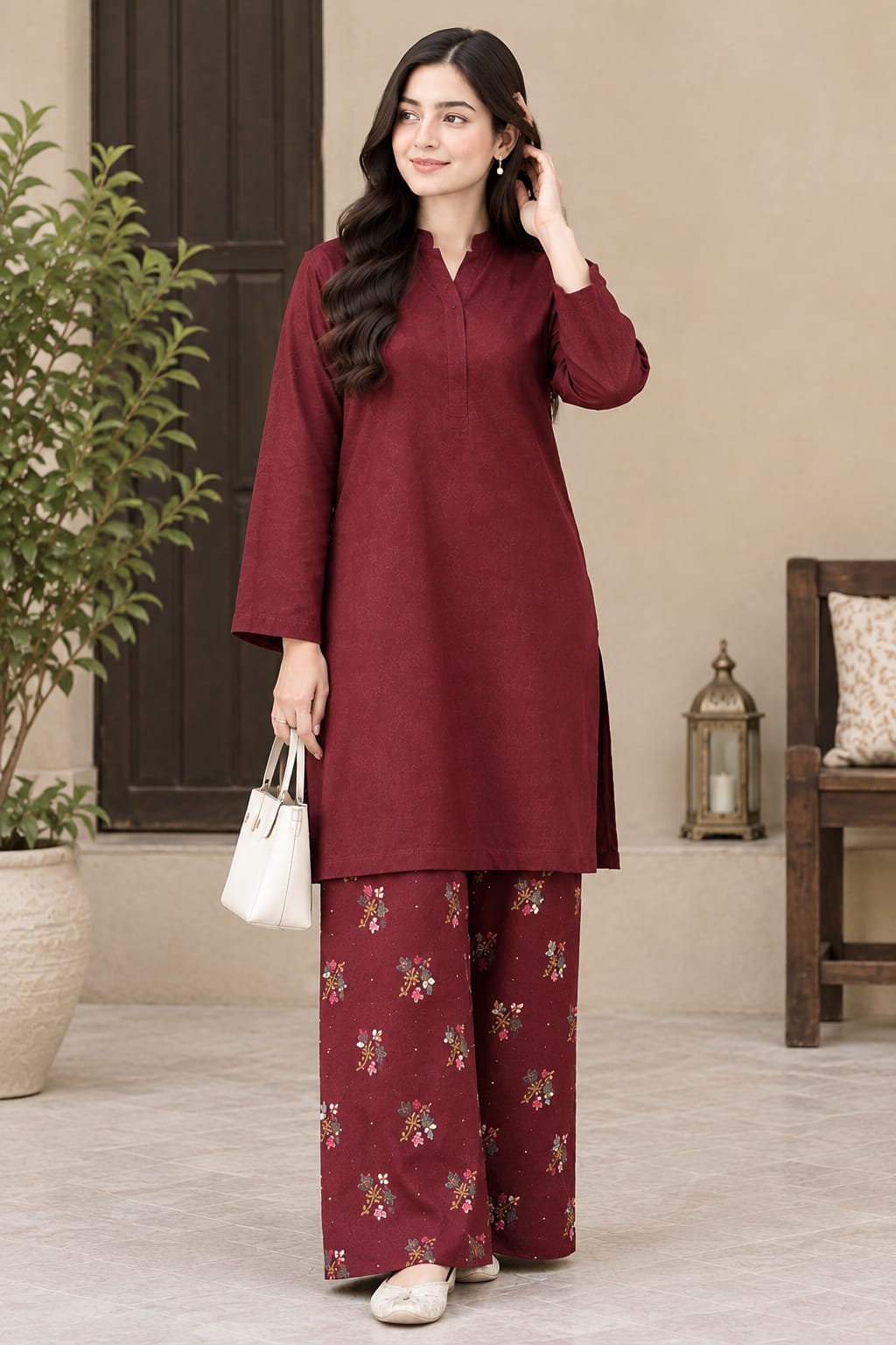2 piece winter lakhani dhanak marina  plian shirt with printed trouser  ( MAHROON )