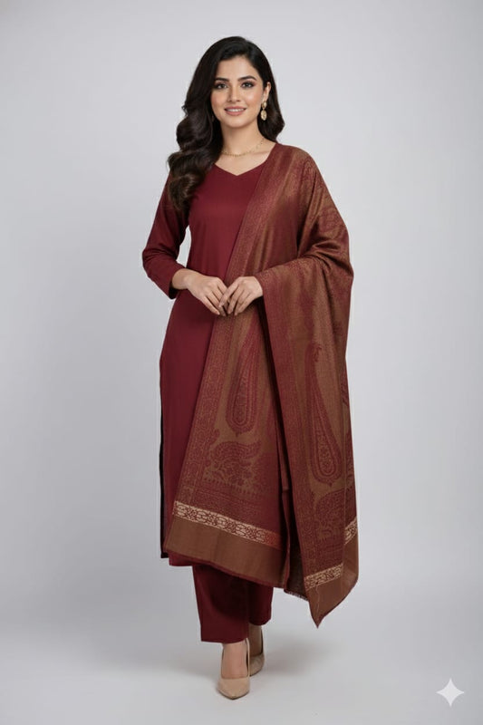 3 piece winter wool  jacquard    Shawl with  plain Marina shirt and  Trouser  (mahrron 8.5  )