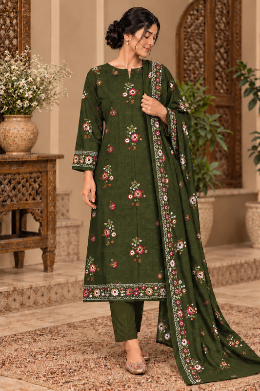 Premium Winter Dhanak Marina Embroidered 3 Piece Unstitched Suit –Mehndi    (EMB05)
