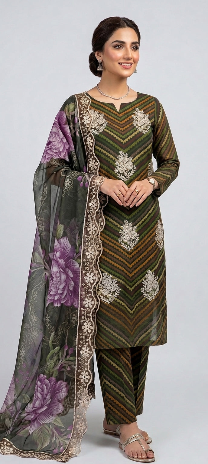 lawn printed 3 piece with patches and embroided Dubatta green