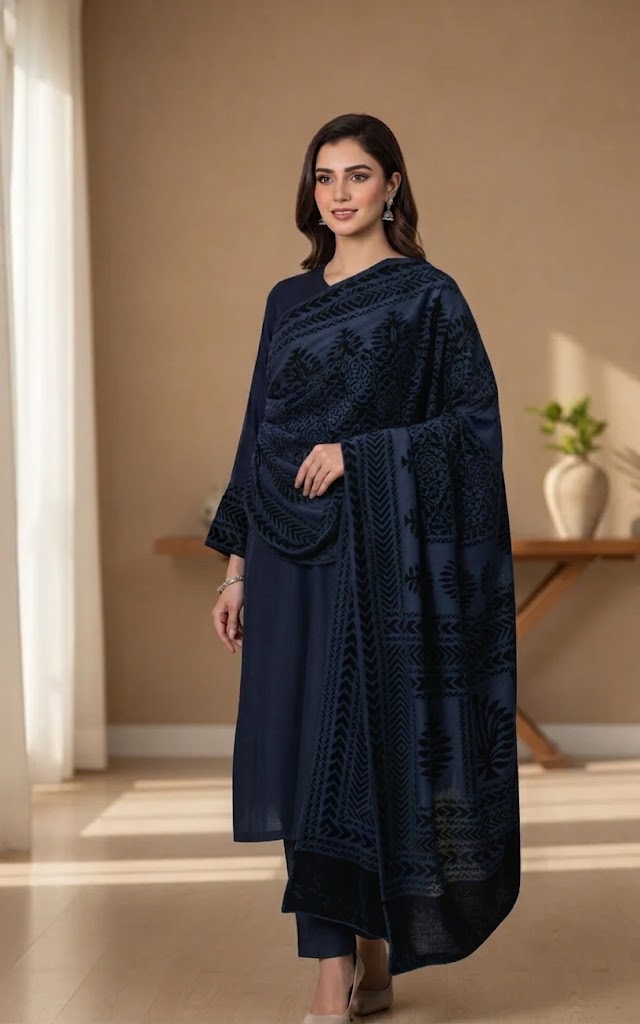 3 piece winter Palachi Shawl with  zariline  Marina  shirt & Trouser (navy blue   ) CD