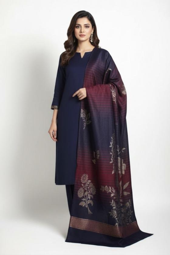3 piece winter wool  Banarsi doule sided  Shawl with Zariline Marina  shirt & Trouser (Navy blue )