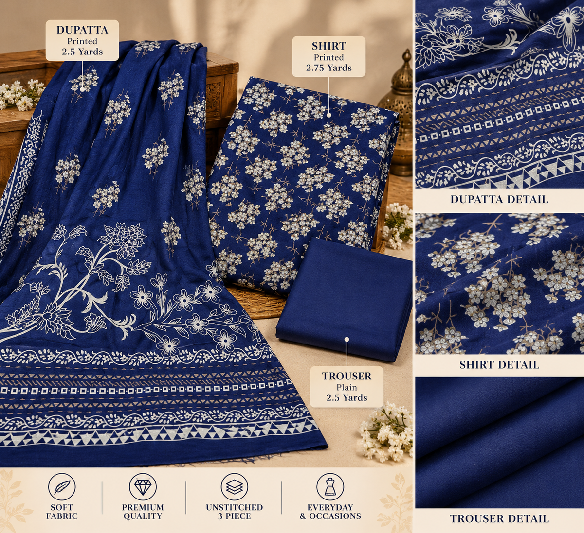 3Piece - Dhanak Lakhani Print Suit Classic ( Navy Blue )