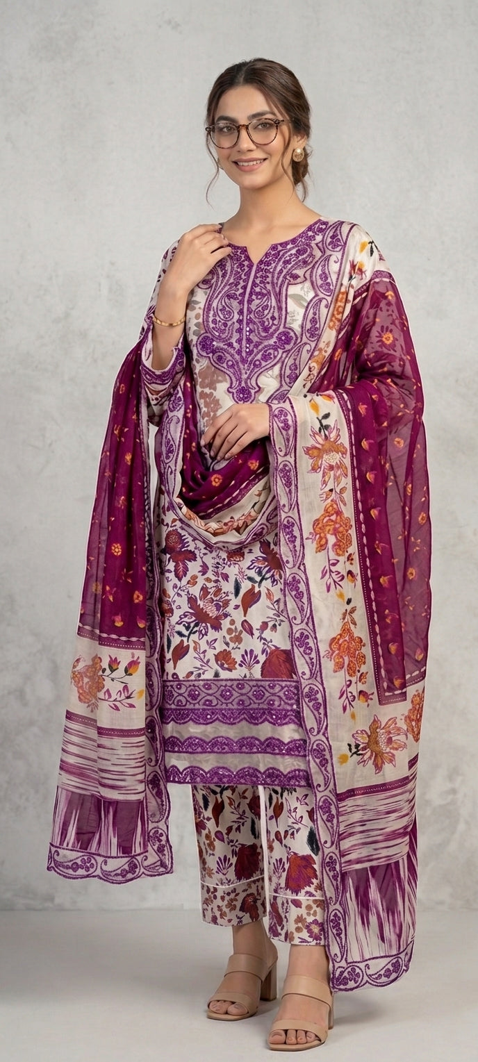 lawn printed 3 piece with patches and embroided Dubatta purple.
