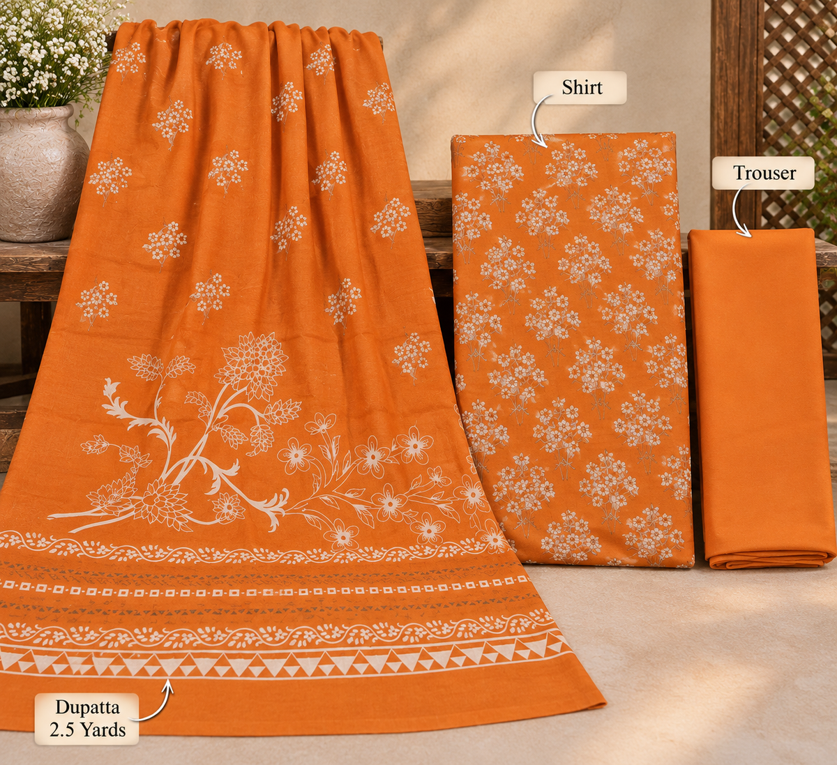 3Piece - Dhanak Lakhani Print Suit Classic ( Orange )