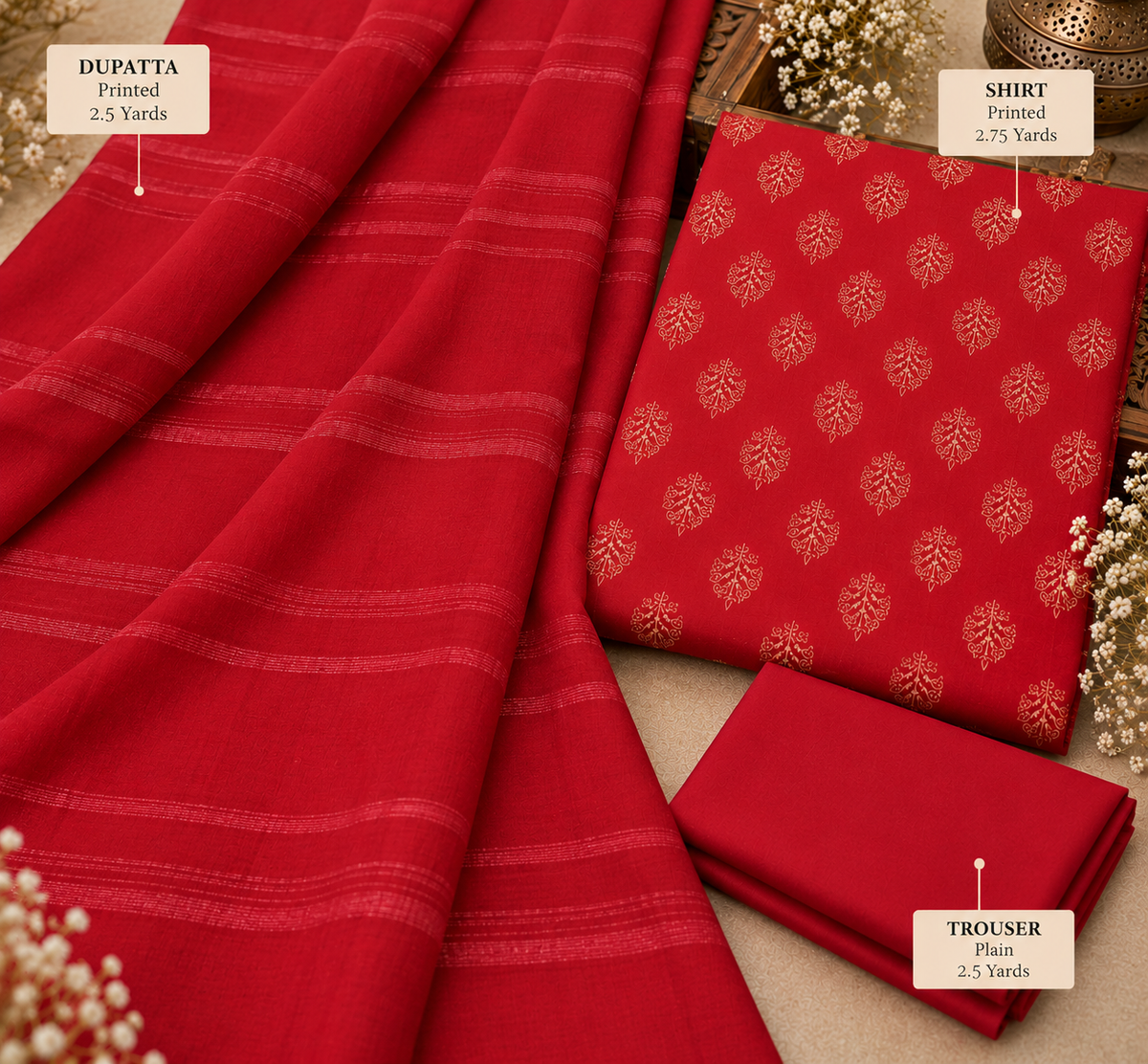 3Piece - Dhanak Lakhani Print Suit With Velvet Line Dupatta ( Red )