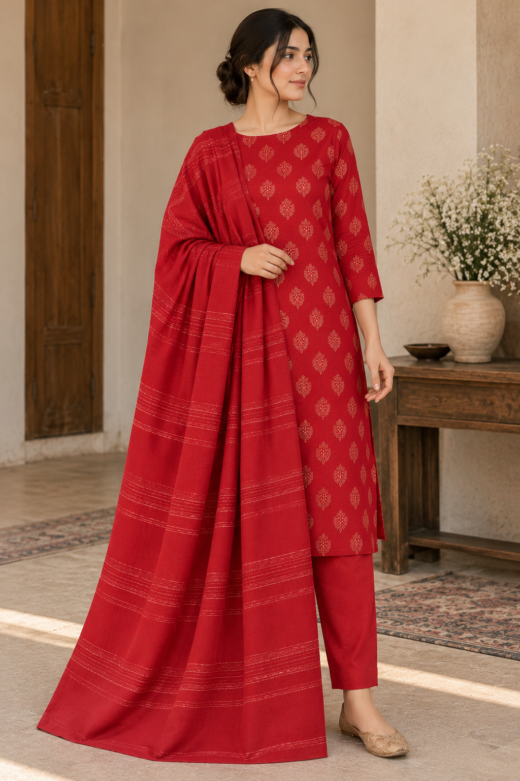 3Piece - Dhanak Lakhani Print Suit With Velvet Line Dupatta ( Red )