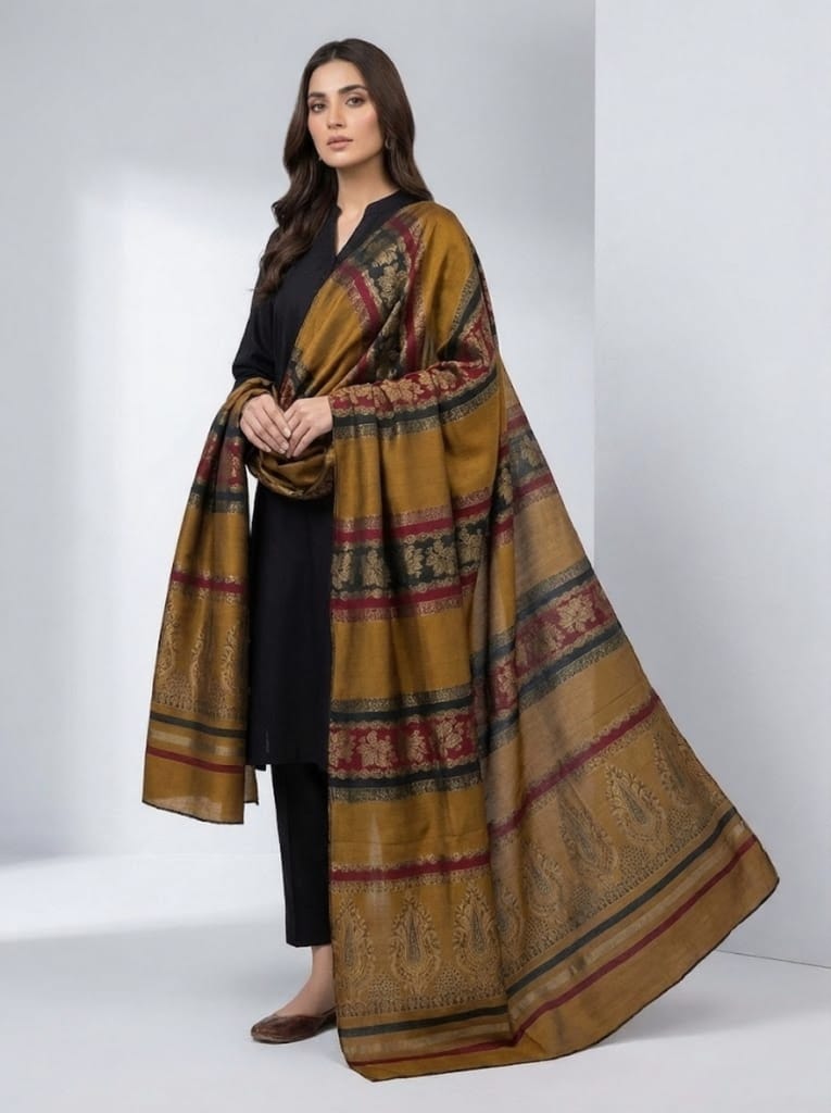 3 piece winter wool  Banarsi   Shawl golden  with zariline plain Dhanak  Marina  shirt & Trouser (black msd)