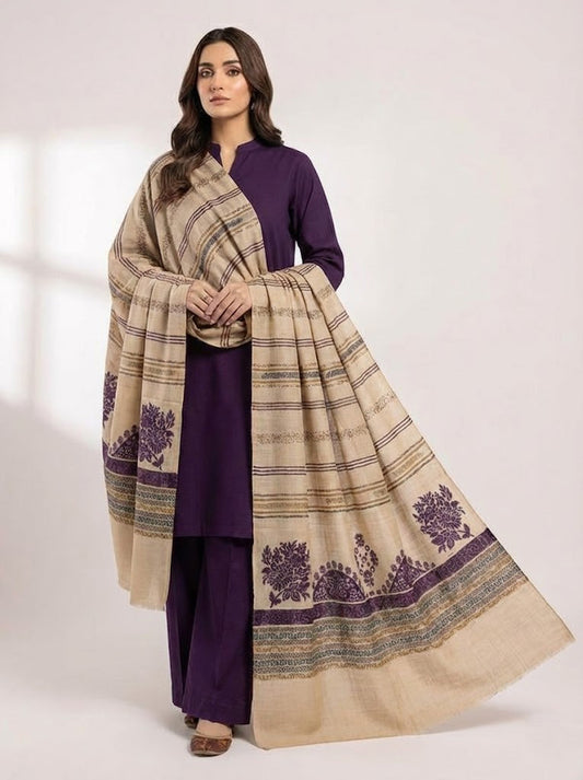 3 piece winter pashmina    Shawl with plain  Dhanak  Marina(  PURPLE A )