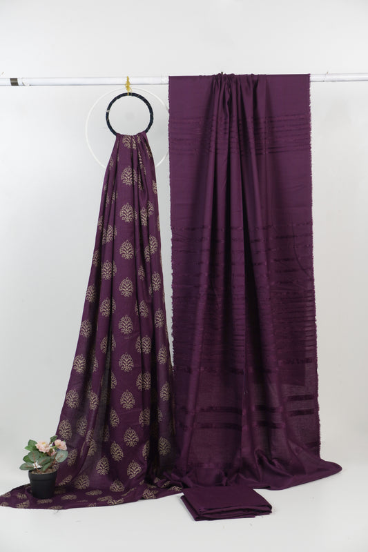 3 piece moon light lakahni print with Alpine Velvet Dubatta (Purple )