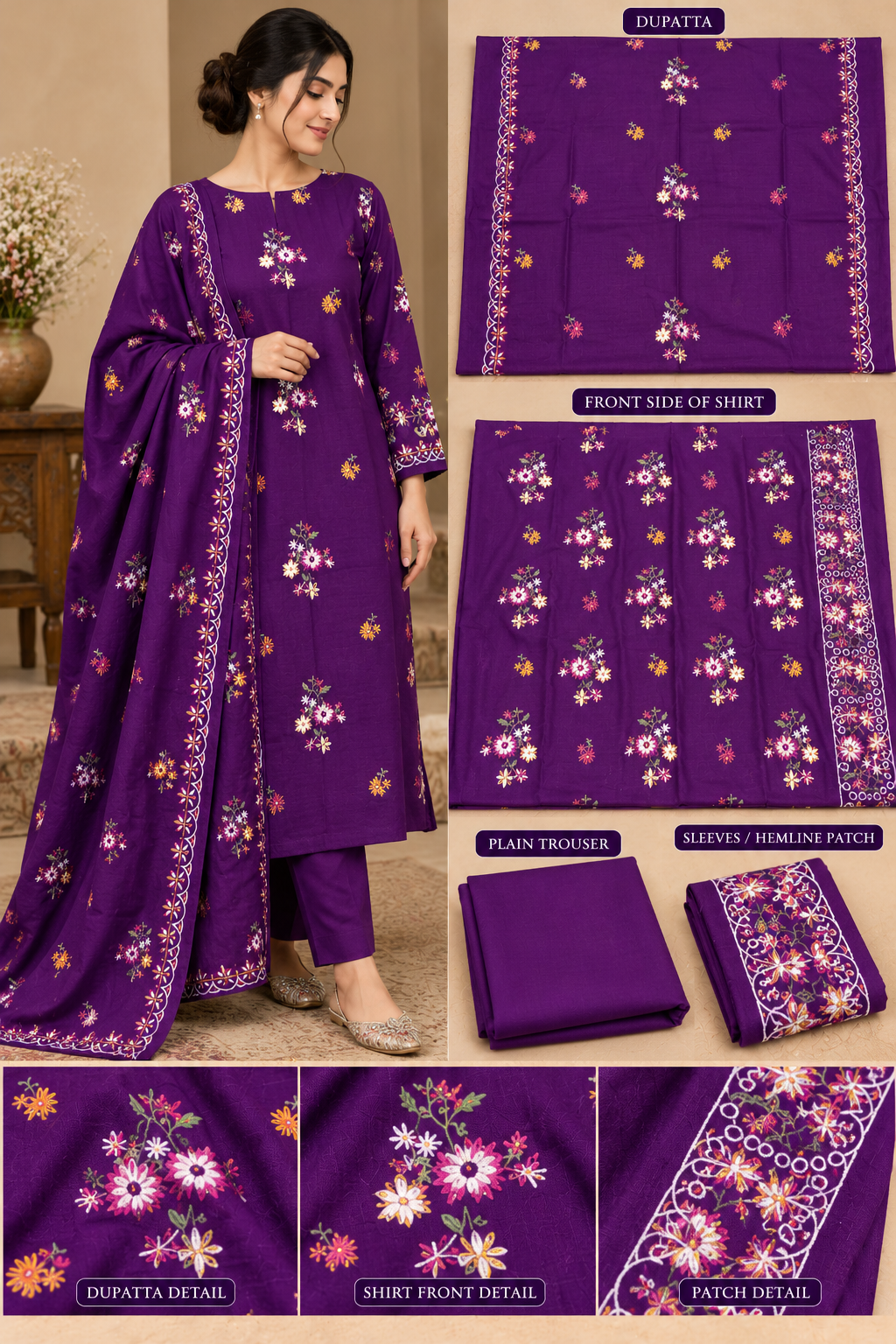Premium Winter Dhanak Marina Embroidered 3 Piece Unstitched Suit –purple    (EMB06)