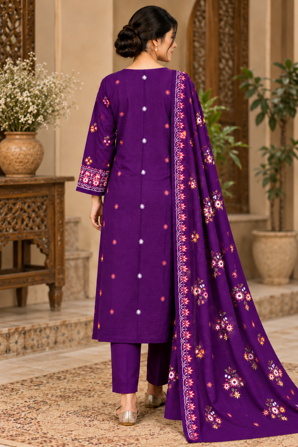 Premium Winter Dhanak Marina Embroidered 3 Piece Unstitched Suit –purple    (EMB06)