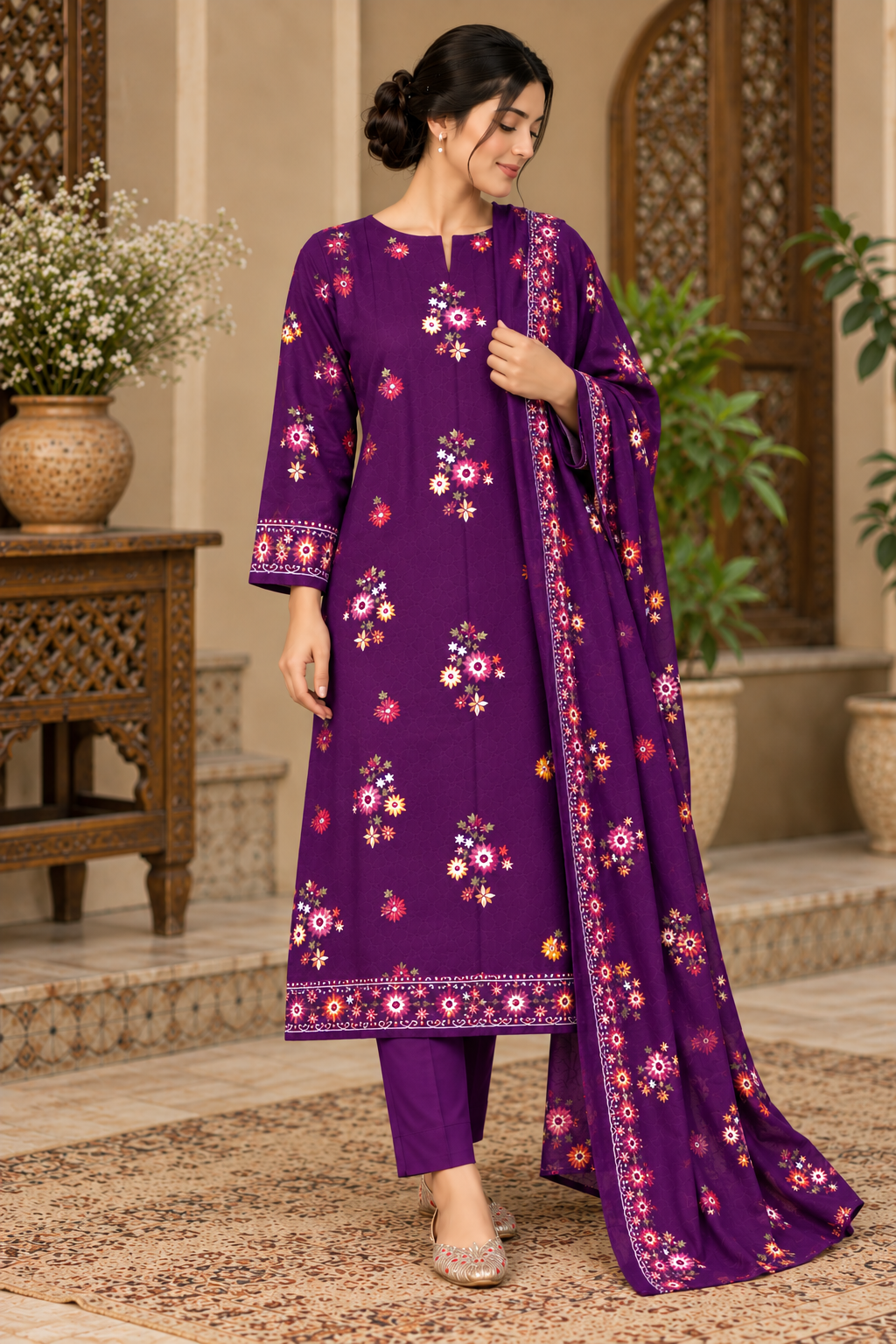 Premium Winter Dhanak Marina Embroidered 3 Piece Unstitched Suit –purple    (EMB06)