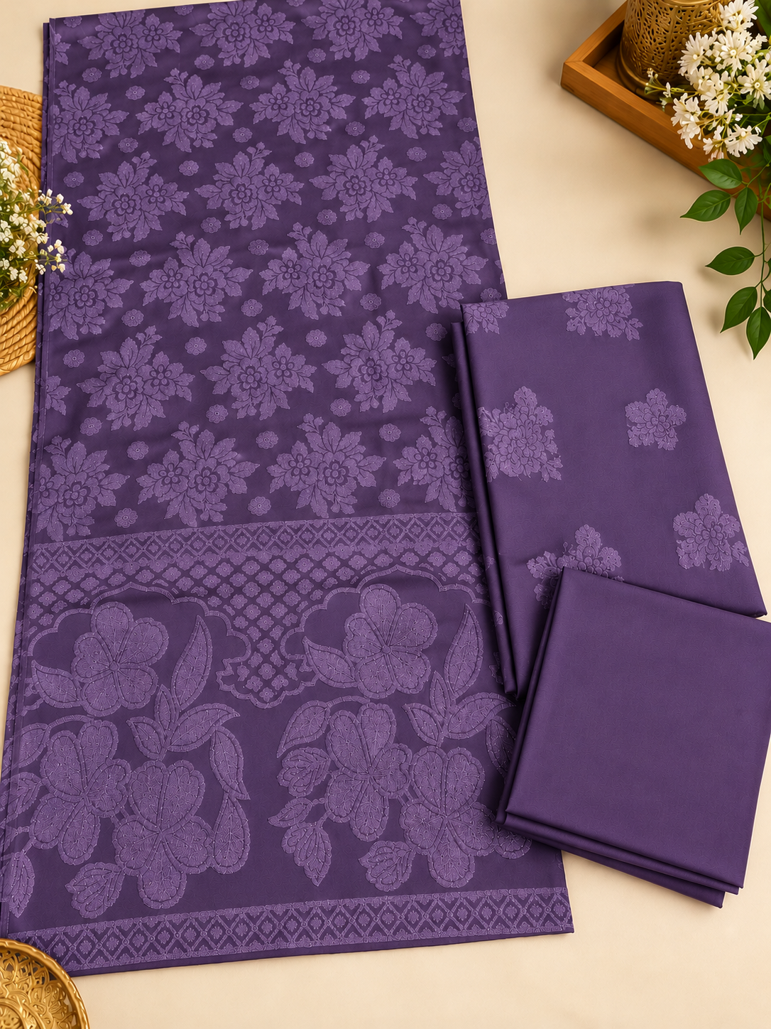 3PC MARINA ZARI VELVET MOTIVE VERY SOFT PREMIUM QUALITY WINTER COLLECTION (Purple )