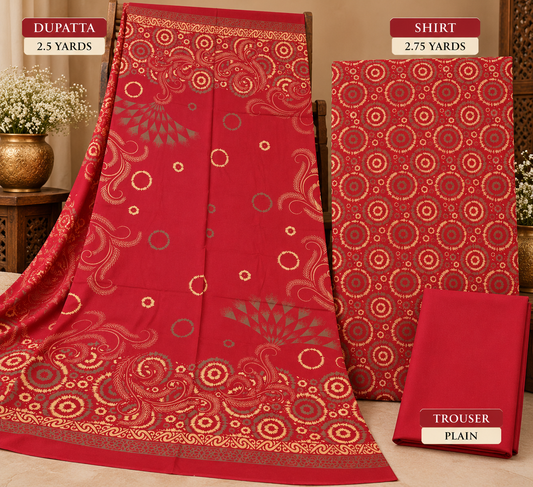 3Piece - Dhanak Lakhani Print  Suit Classic ( Red) BD