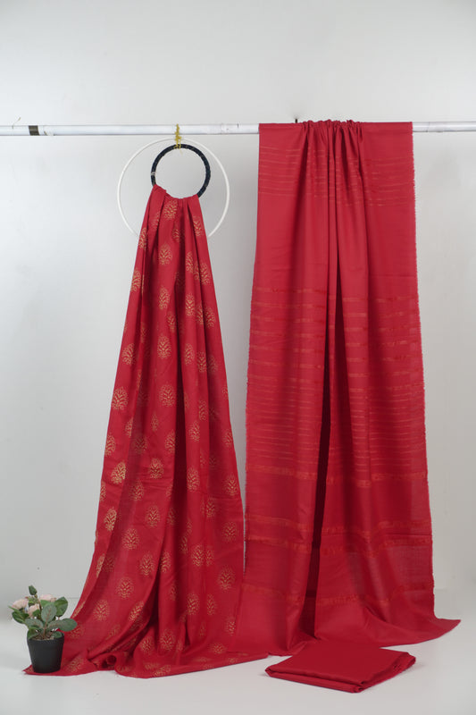 3 piece moon light lakahni print with Alpine Velvet Dubatta (Red )