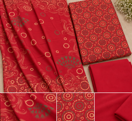 3Piece - Dhanak Lakhani Print  Suit Classic ( Red) BD