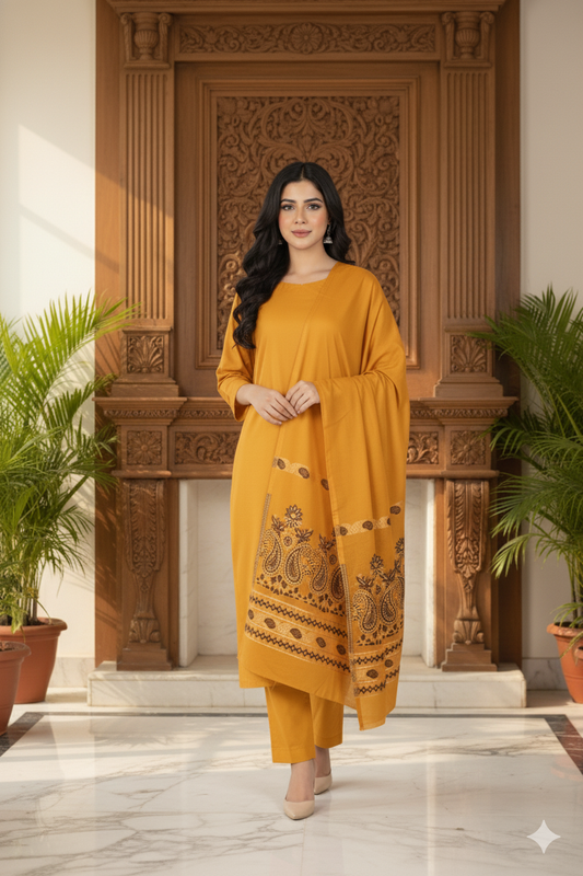 Lawn 3 piece with light weight Jacquard shawl mustard    BSLa1